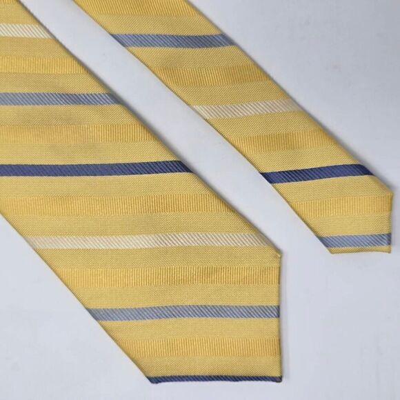 NEIMAN MARCUS SILK TIE YELLOW BLUE SATIN REPP STRIPE TEXTURED 3.25" X 61" - Picture 1 of 2